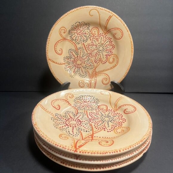 Pier 1 Hand-Painted Earthenware Floral Dot Salad Plates (4) Flowers Scrolls - Picture 2 of 5